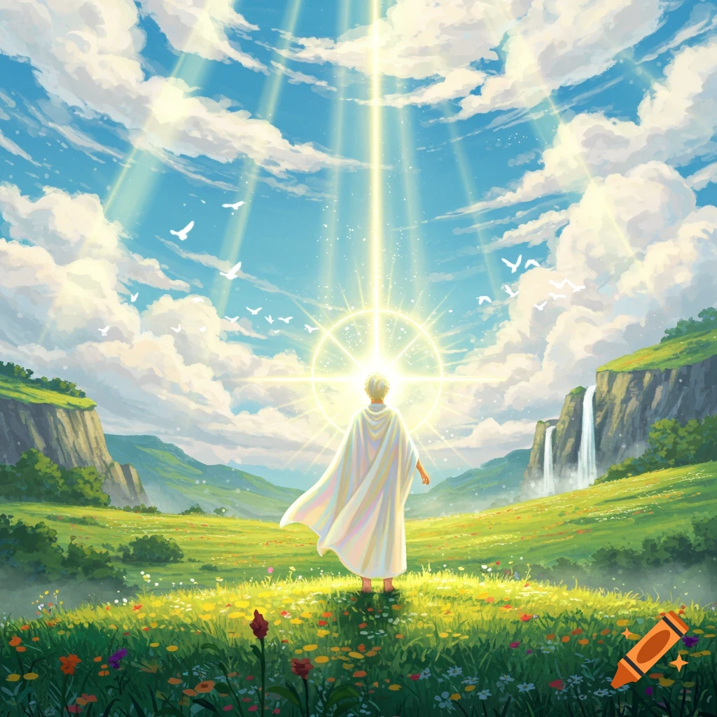 An anime figure in white robes stands in a vibrant flower field, gazing at a glowing light in the sky, with mountains and waterfalls in the background.