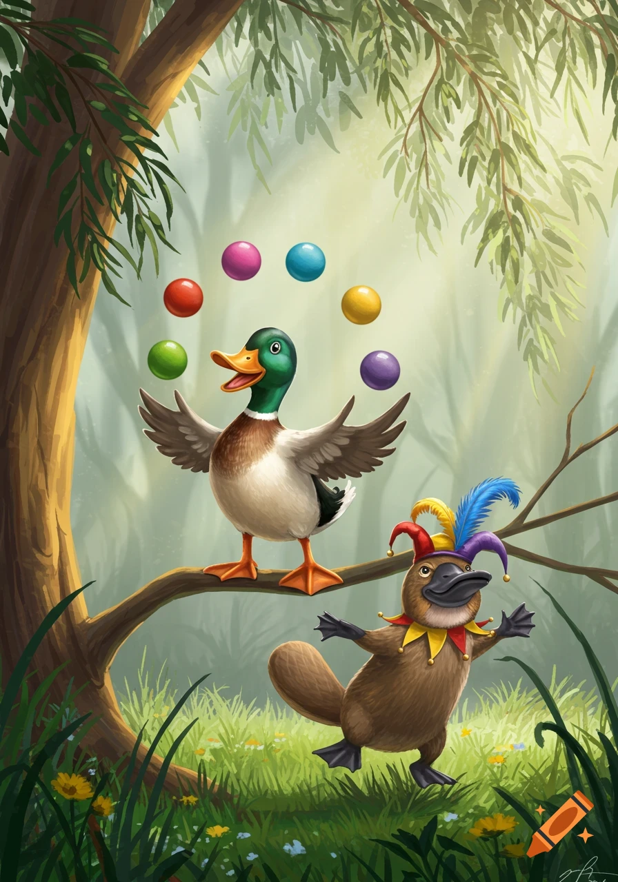 A cartoon duck juggles colorful balls on a tree branch, while a platypus in a jester hat stands below in a whimsical forest.