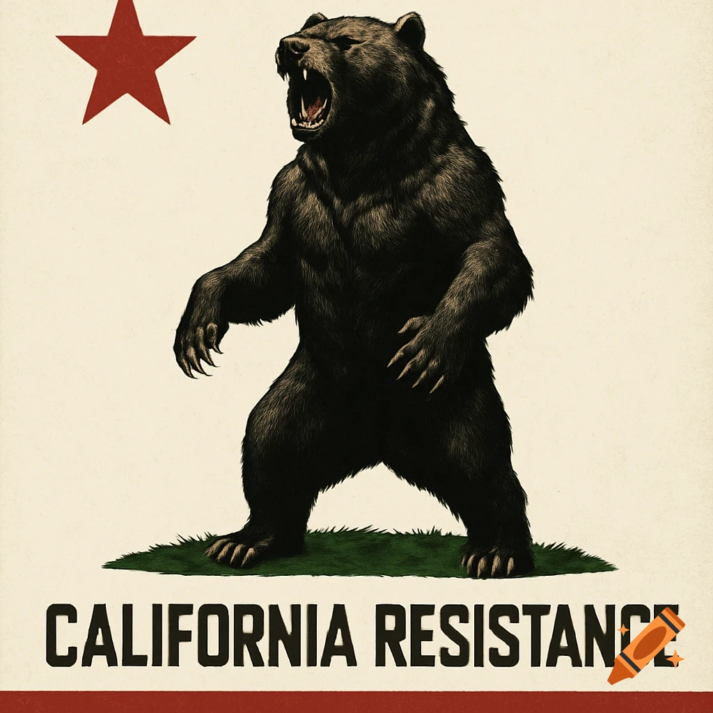 A vintage-style poster showing a roaring grizzly bear standing on grass with a red star above and 'CALIFORNIA RESISTANCE' text below.