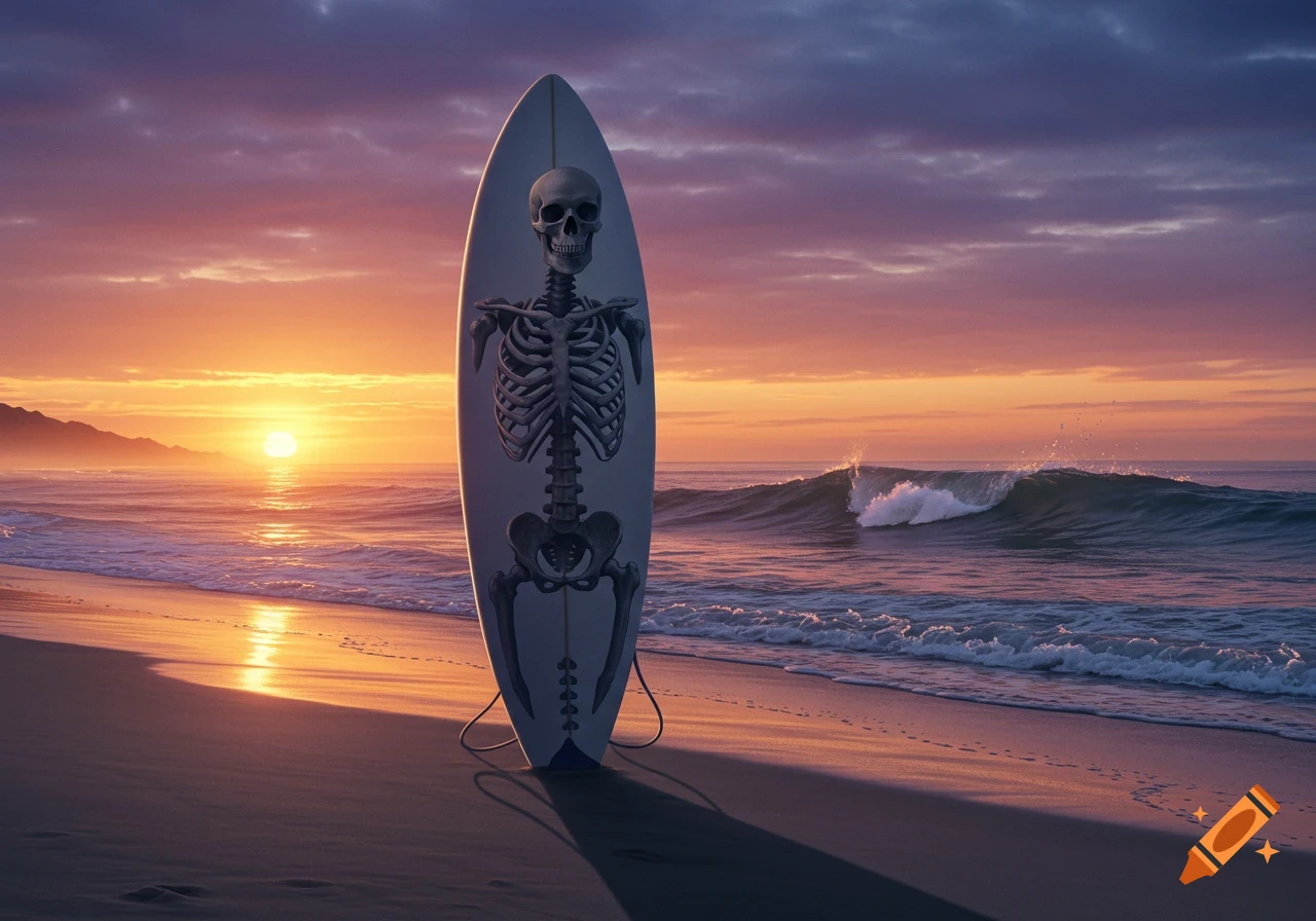 A photorealistic surfboard with a skeleton design stands on a sandy beach at a colorful sunset.