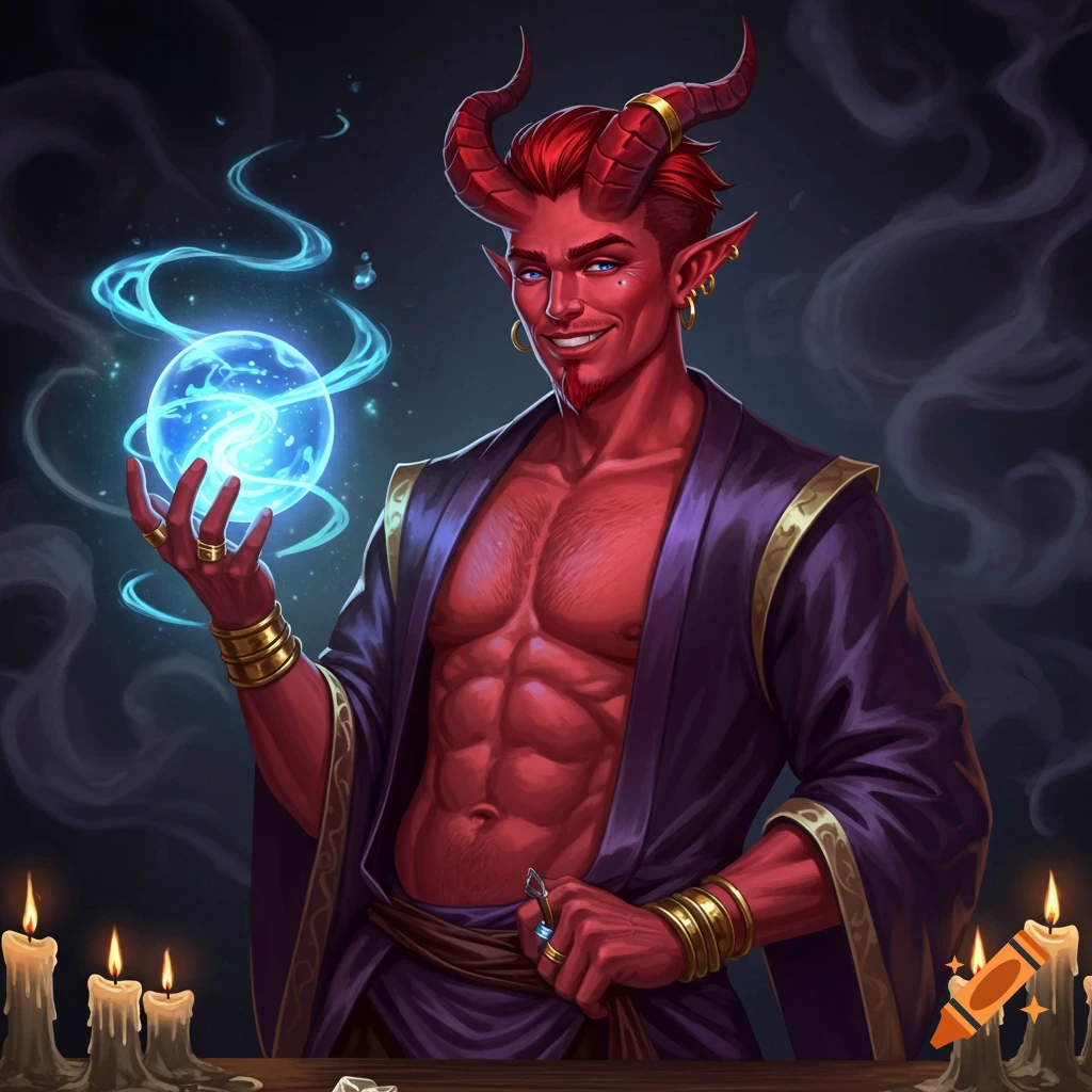 A semi-realistic oil painting of a muscular, red-skinned male tiefling with horns and a mischievous smile, holding a glowing blue magic orb.