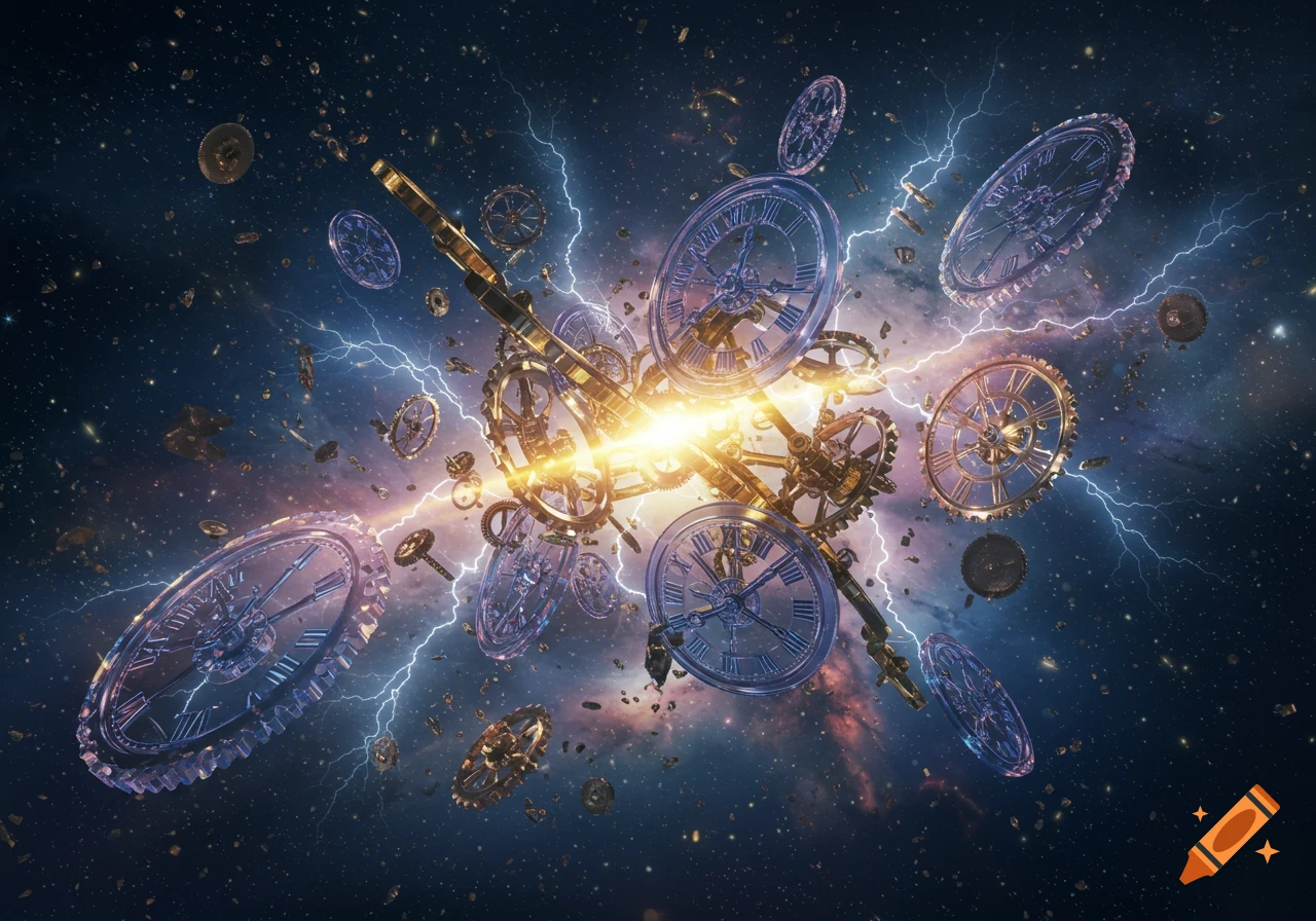 A cosmic explosion of clockwork gears, Roman numeral clock faces, and bright lightning bolts against a dark, starry sky.
