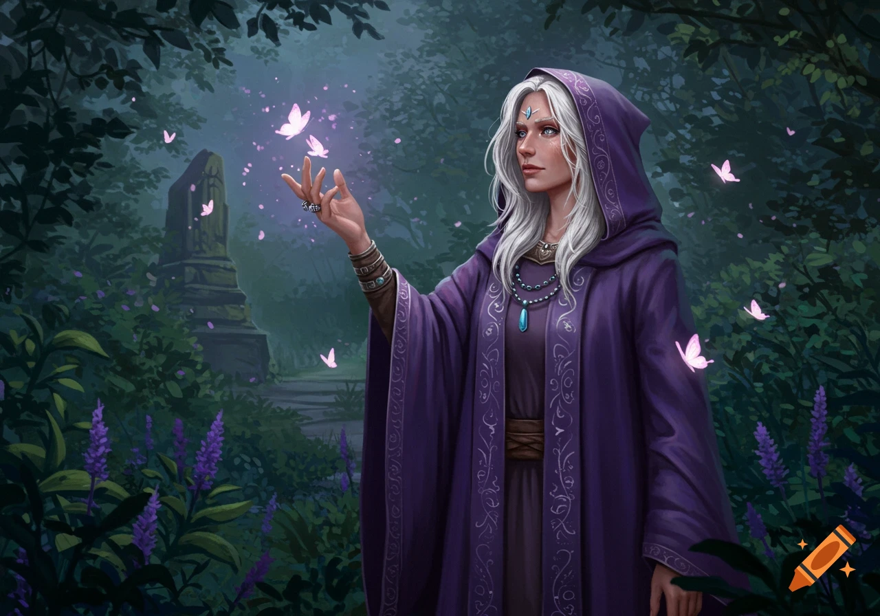A white-haired cleric woman in a purple robe in a dark forest, reaching for glowing pink butterflies. An ancient stone ruin is in the background.