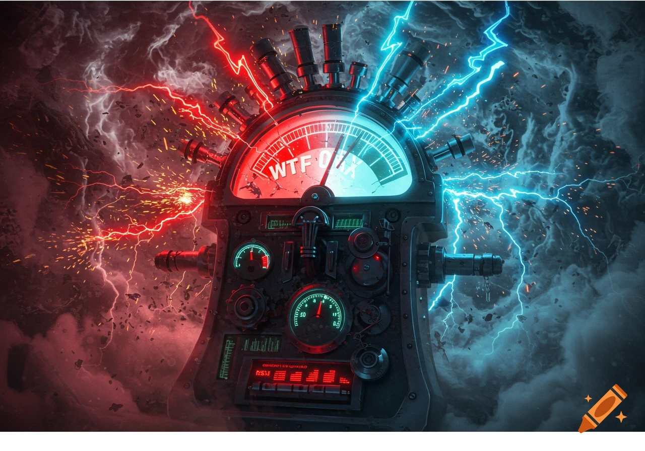 A detailed steampunk meter with glowing red and blue lightning, surrounded by sparks and dark clouds.