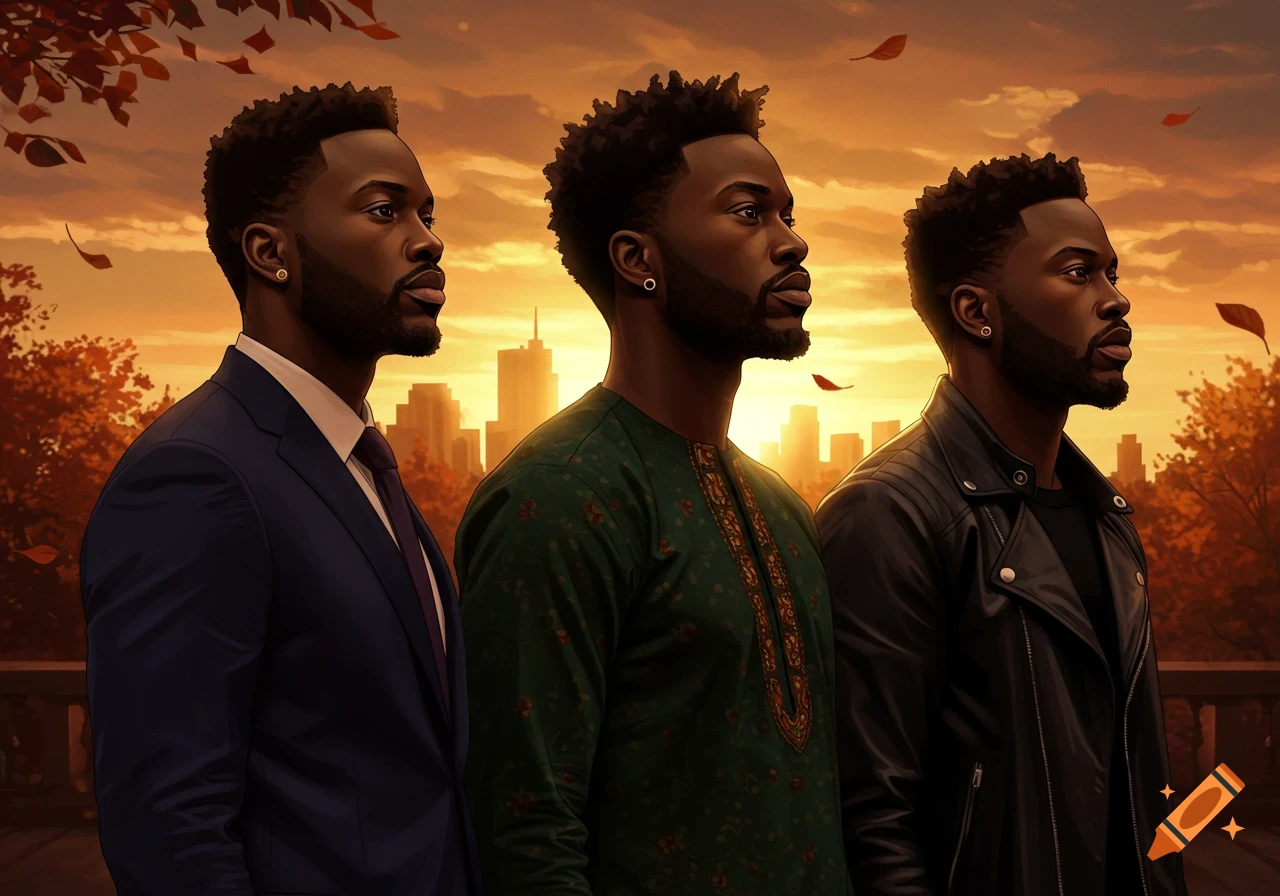 Three Black men in various attire stand against an urban sunset with falling autumn leaves, in a digital art style.
