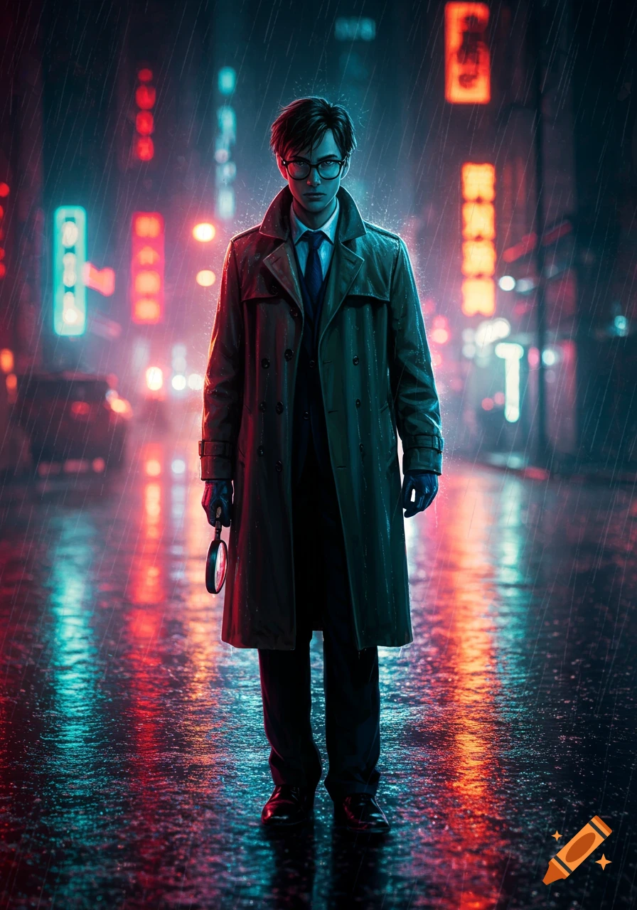 A man in a trench coat holds a magnifying glass on a rainy city street at night, with neon reflections, in a mysterious cinematic style.