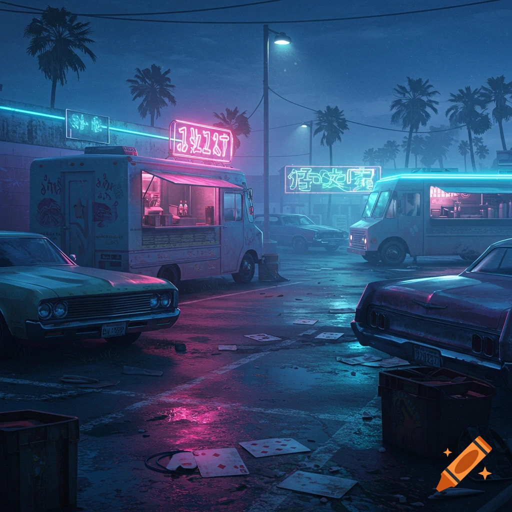 A neon-lit cyberpunk street scene at night with food trucks, classic cars, scattered playing cards, and palm trees.