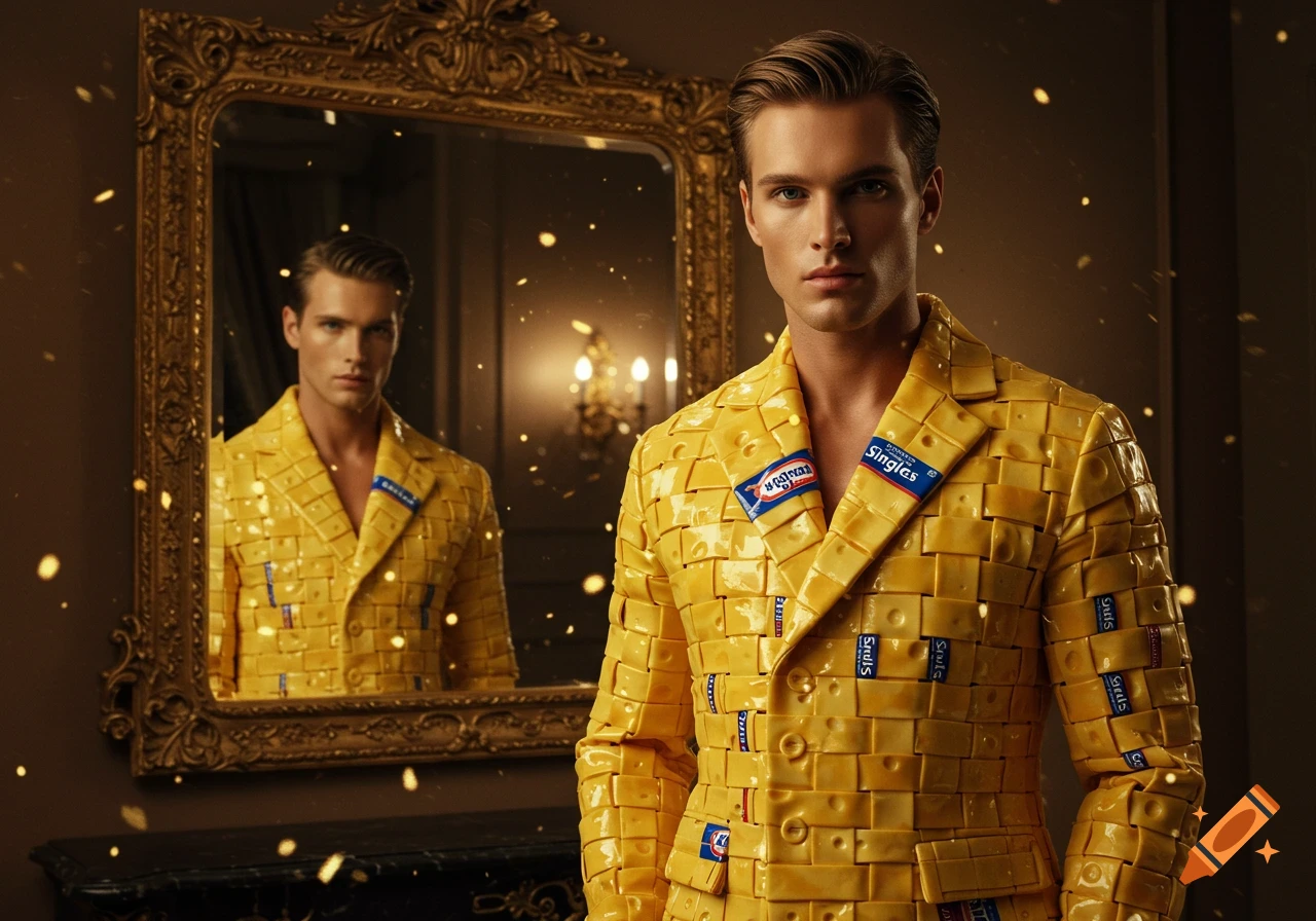 A handsome male model in a jacket made of woven Kraft Singles cheese, reflected in an ornate mirror in a luxurious room.