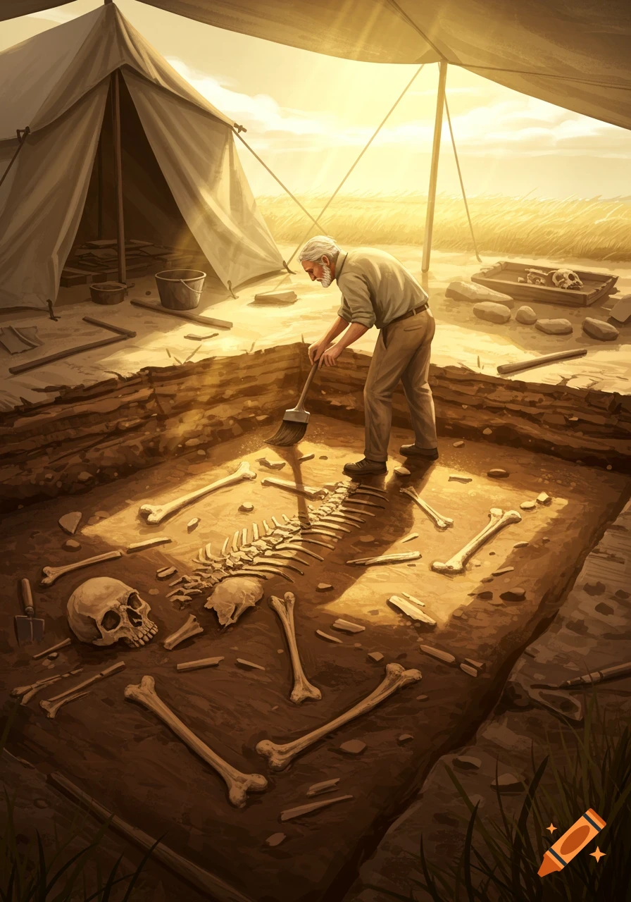 An archaeologist brushes dirt from a human skeleton and bones at a sunlit outdoor dig site under a tent, in an illustration.