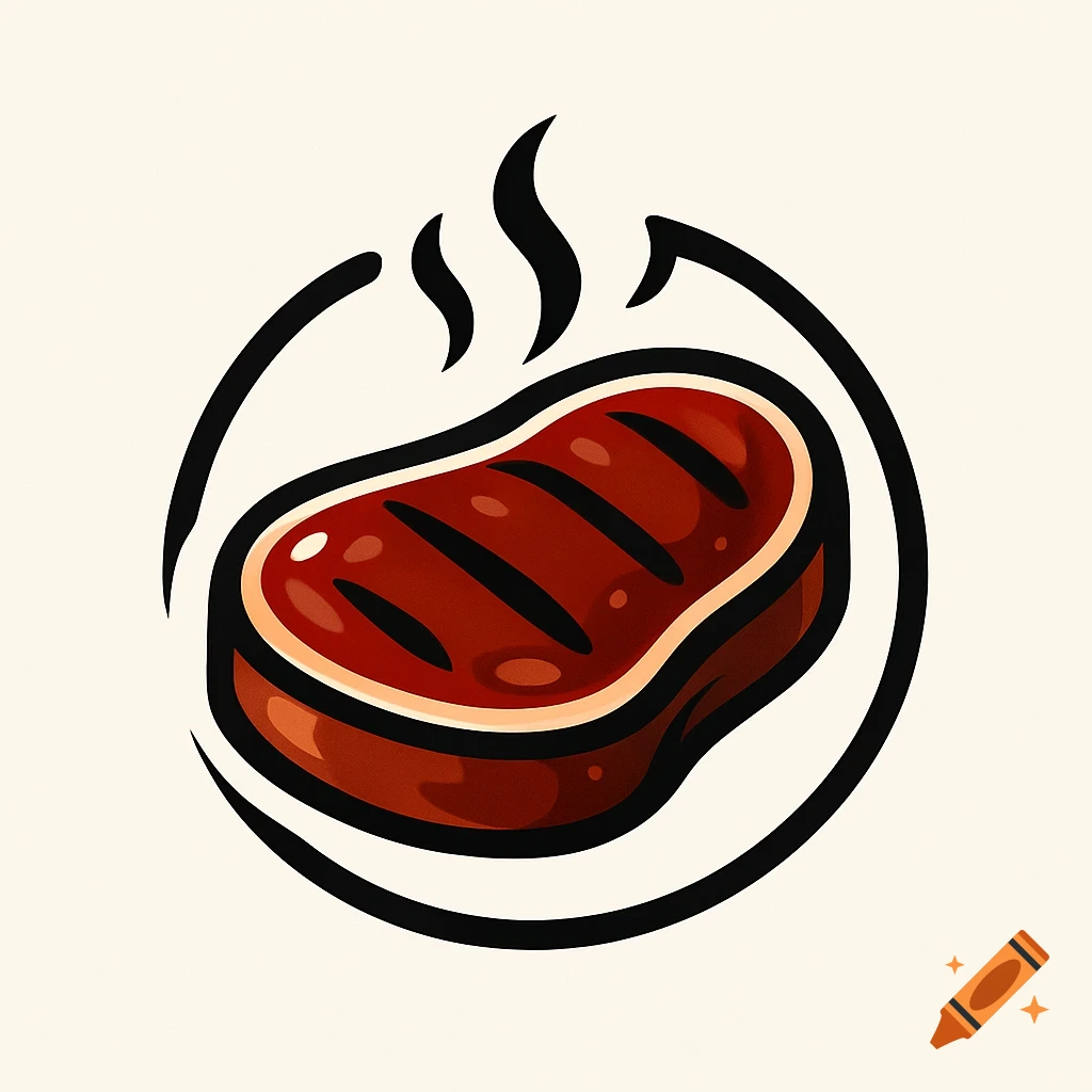 A cartoon illustration of a grilled steak with grill marks and steam, enclosed in a circular border.