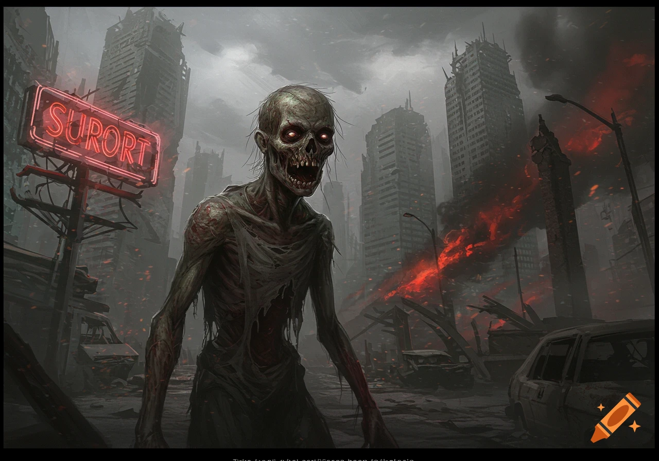 A grotesque zombie with glowing red eyes walks through a ruined, dystopian city with a bright red 'SURORT' neon sign.