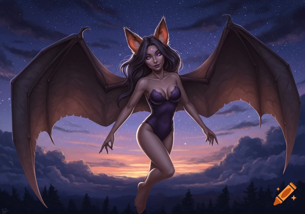 A digital painting of a dark-haired, bat-winged woman with fox-bat ears and purple eyes, floating against a starry twilight sky.