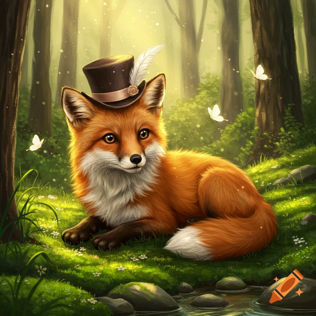 A cute orange fox wearing a top hat with a feather, sitting in a sunny forest with butterflies, whimsical art.