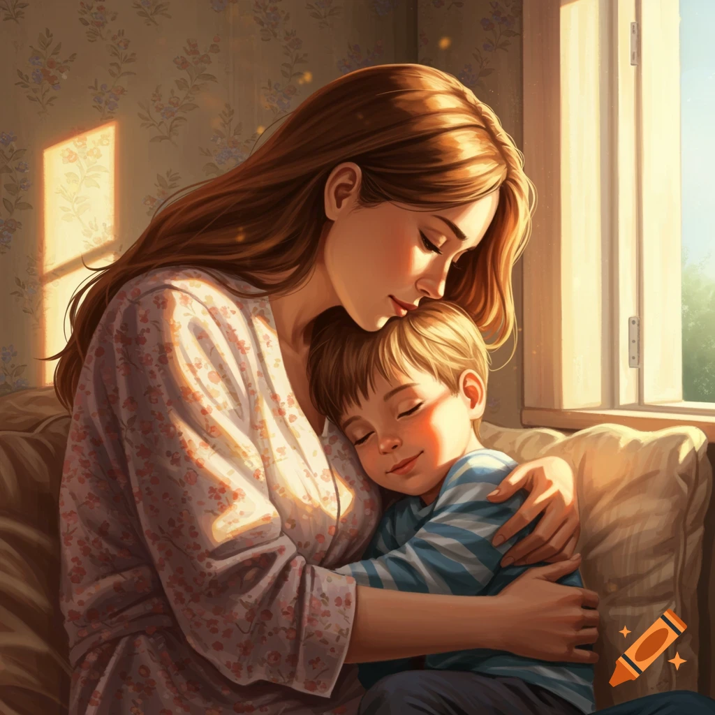 A mother gently holds and kisses her son's head in a sunlit room, a tender moment.