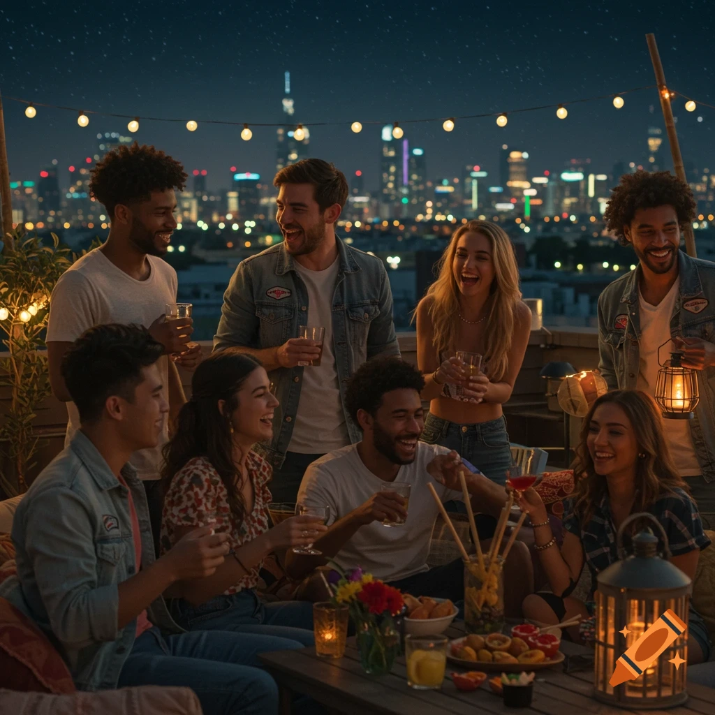 Group of young adults laughing and socializing at a vibrant rooftop party at night with a city skyline in the background.