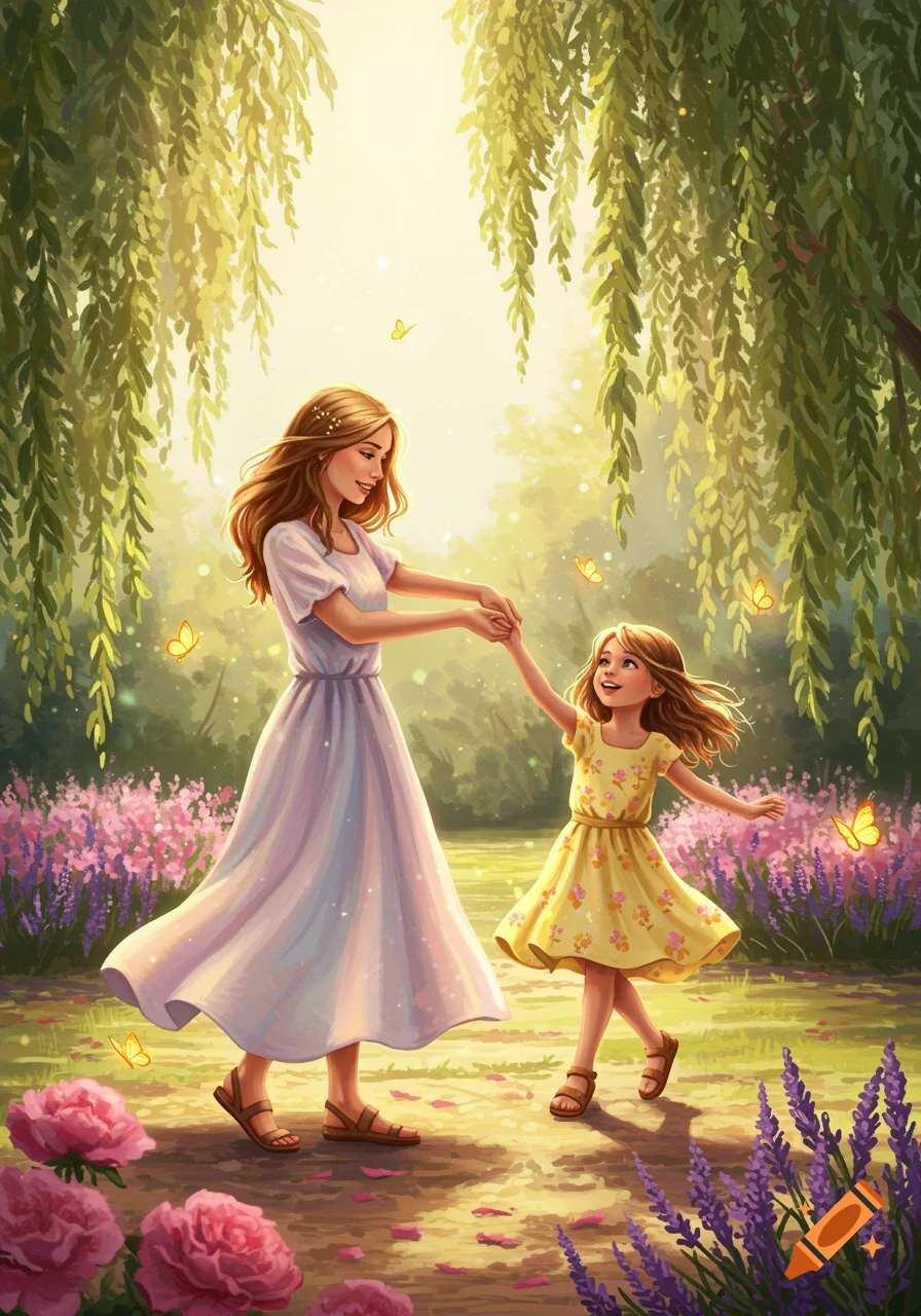 A joyful illustration of a mother and daughter dancing in a sunny, flower-filled garden with willow trees and glowing butterflies.