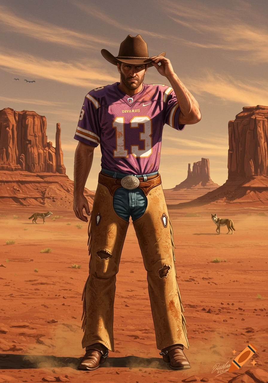 A muscular man in a cowboy hat and chaps, wearing a purple number 13 football jersey, stands in a vast desert landscape with mesas and two coyotes.