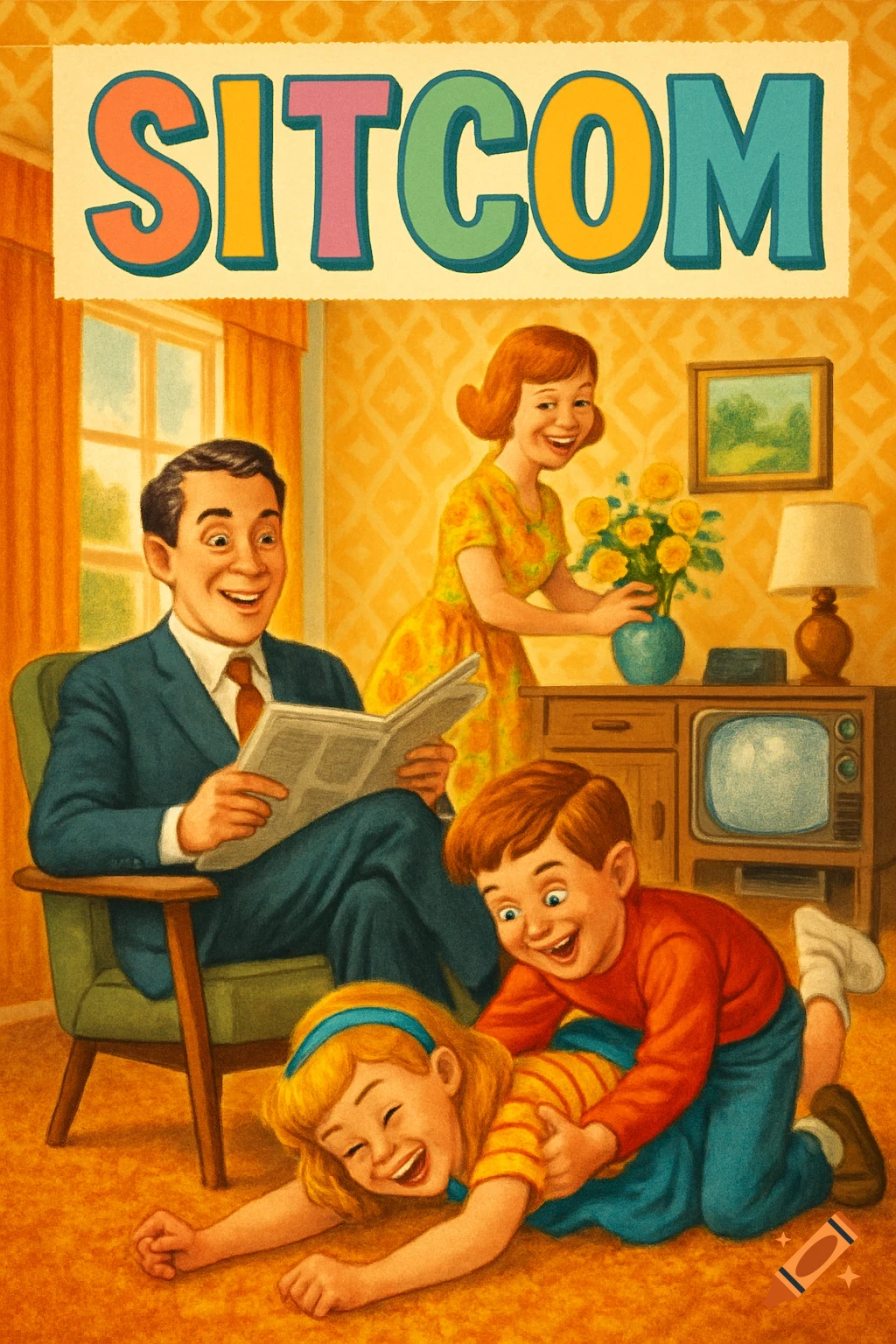 A retro illustration of a smiling family in a living room, with the title 'SITCOM' above them.