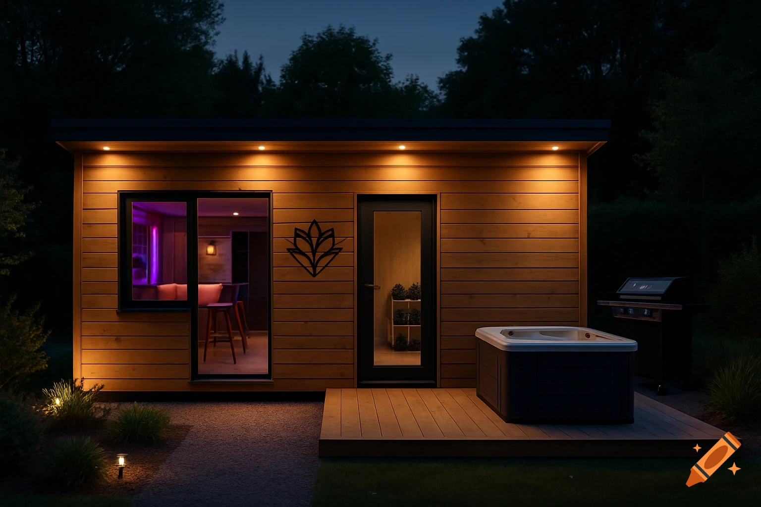 Photorealistic render of a modern rustic timber outbuilding at twilight, with warm exterior lights, a hot tub, and a BBQ on a deck.
