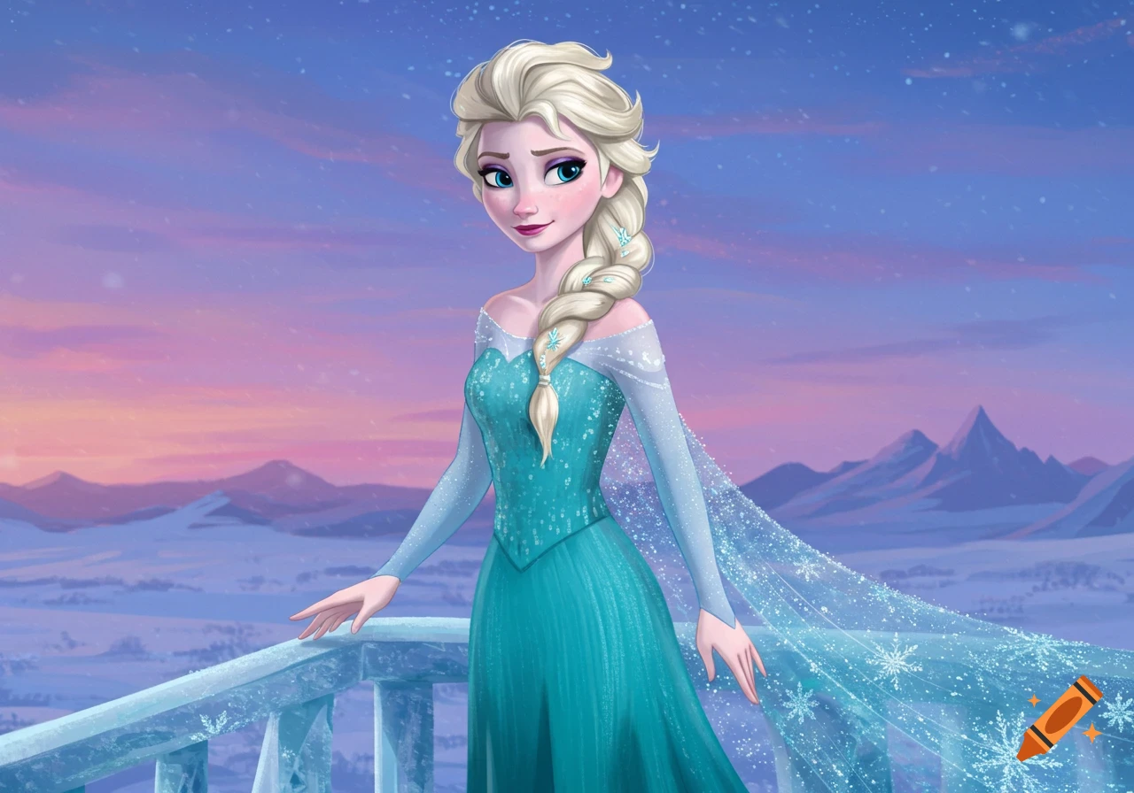 Animated illustration of Elsa from Frozen in a blue dress with braided hair, on an icy balcony overlooking snowy mountains at sunset.