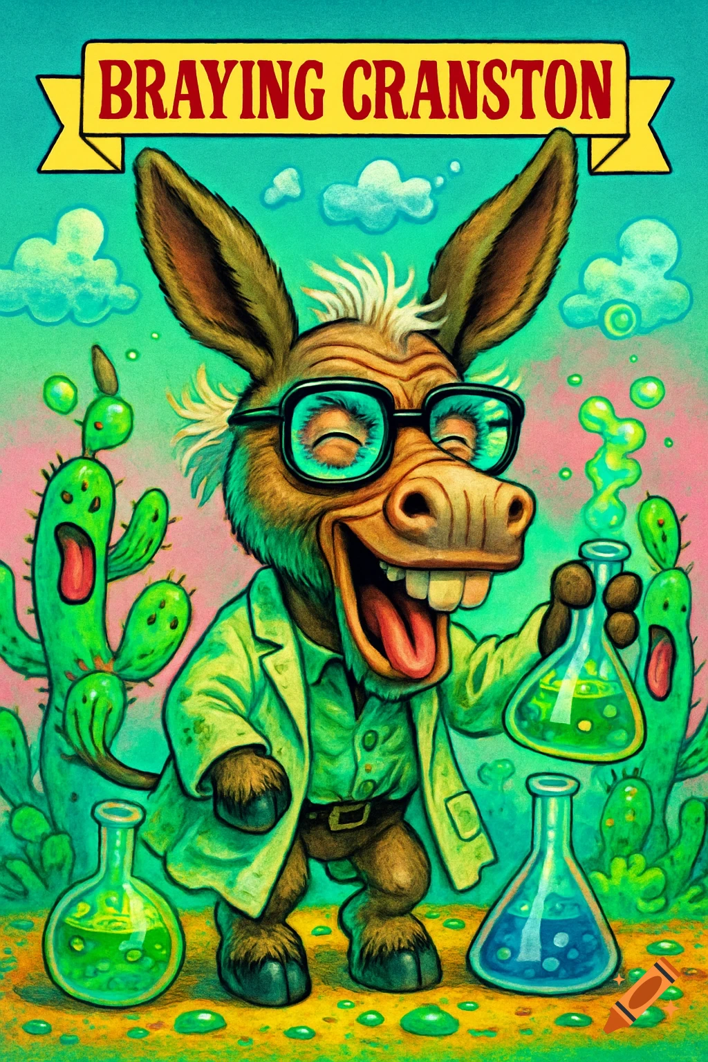 Cartoon donkey scientist in a lab coat and glasses, holding a beaker of green liquid, with text 'Braying Cranston'.