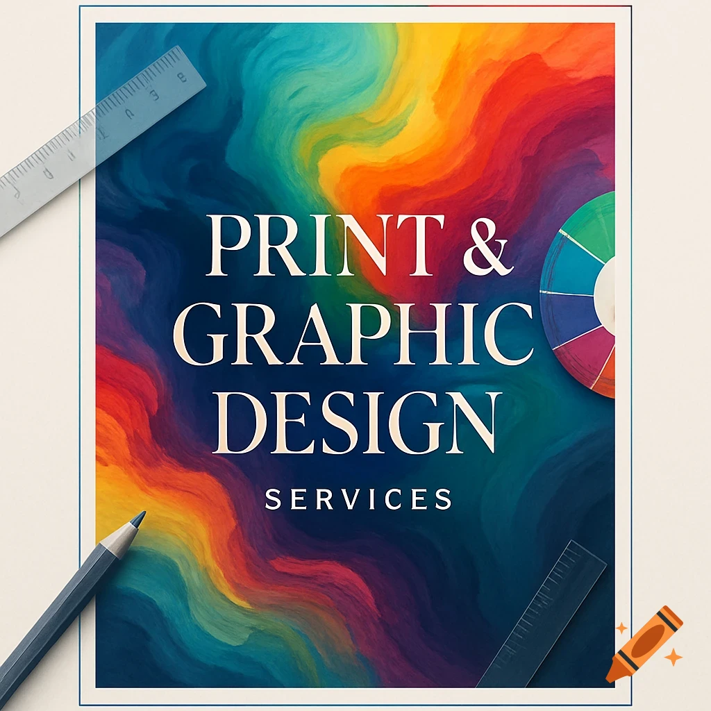 Advertisement for print and graphic design services on a vibrant abstract background with a ruler and pencil.