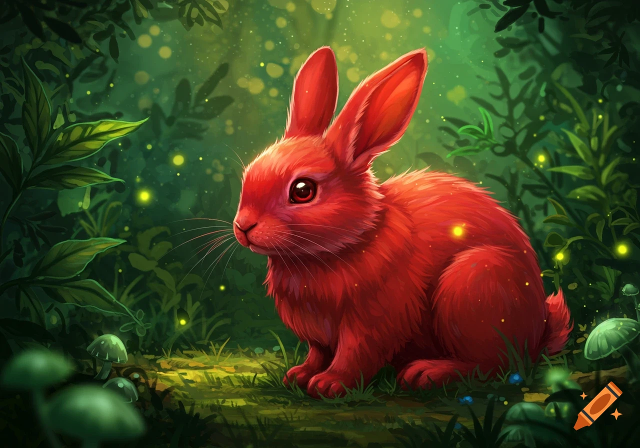 A vibrant red rabbit sits in a magical forest clearing with glowing fireflies and mushrooms, in an illustrative style.