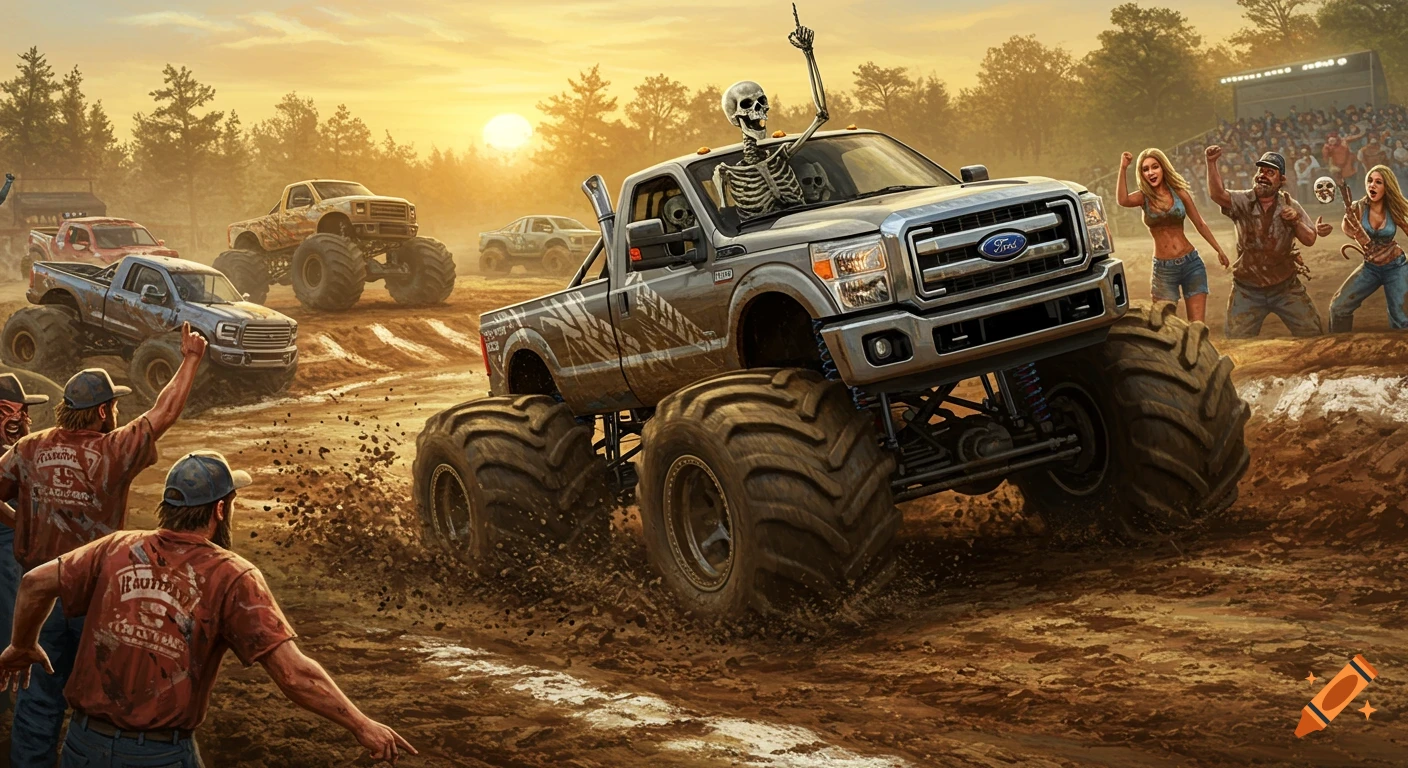 An illustration of a skeleton giving the middle finger while driving a Ford monster truck through a muddy bog, with other trucks and cheering spectators in the background at sunset.