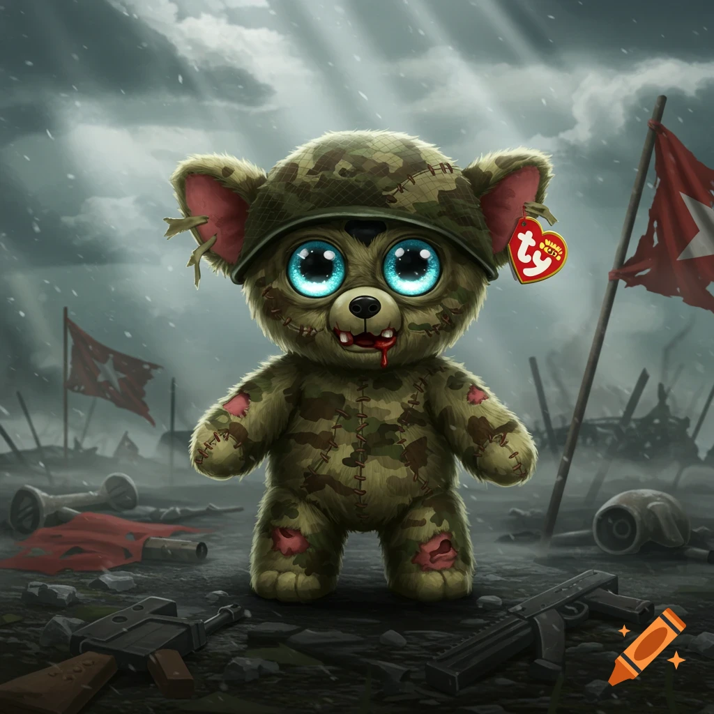 A stylized, zombie-like teddy bear in camouflage military gear with large blue eyes and a 'Ty' tag, standing in a desolate battlefield.