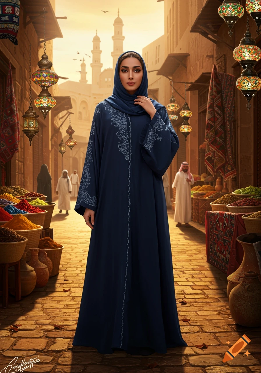 A woman in a blue abaya and hijab stands in a bustling, colorful Middle Eastern market with spices and lanterns.