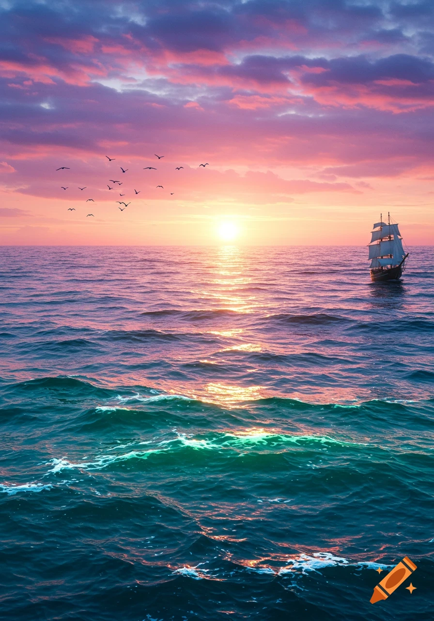 A sailing ship on the ocean at a vibrant pink and purple sunset, with birds flying in the sky.