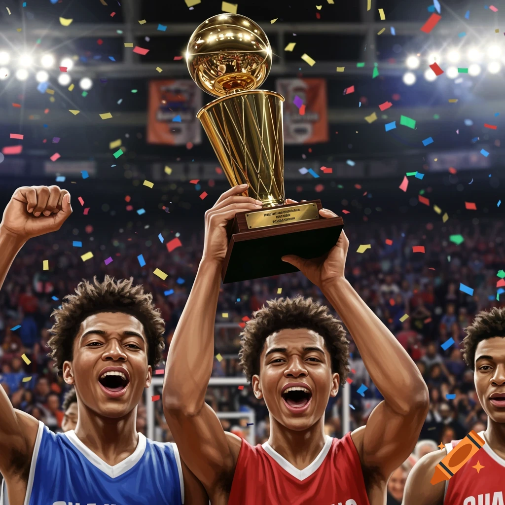Two young male basketball players, likely twins, celebrate winning a championship, holding up a golden trophy as confetti falls around them in an arena.