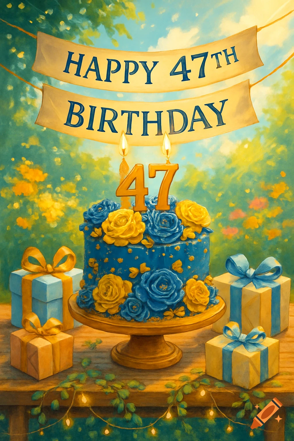 A vibrant birthday illustration featuring a blue and yellow floral cake with '47' candles, surrounded by gift boxes and a banner reading 'Happy 47th Birthday'.