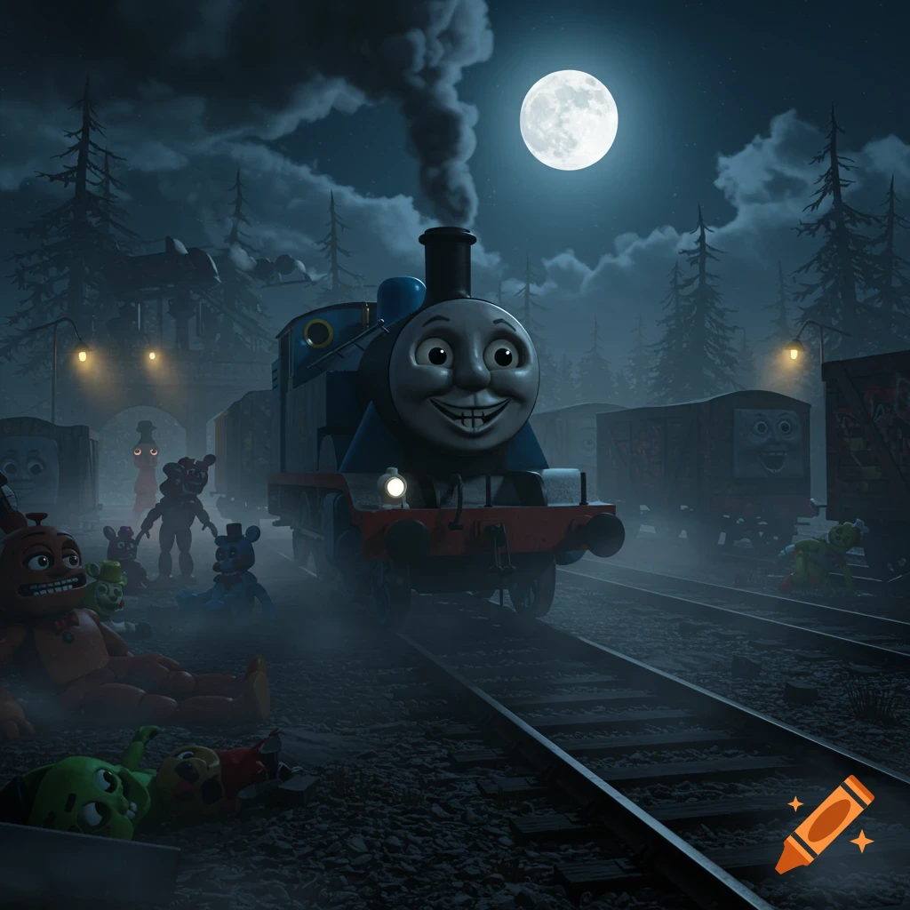 Creepy Thomas the Tank Engine smiles in a foggy train yard at night, surrounded by animatronic figures under a full moon.
