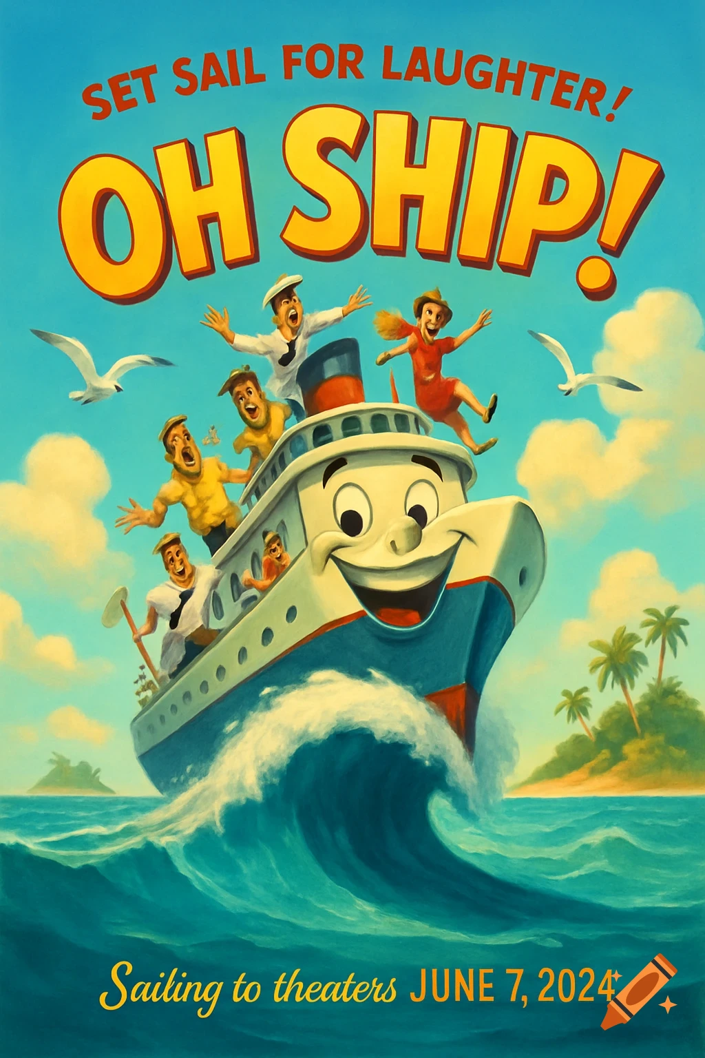 Comedy movie poster for 'OH SHIP!' featuring a cartoon ship with joyful people on a wavy ocean, a tropical island, and seagulls.