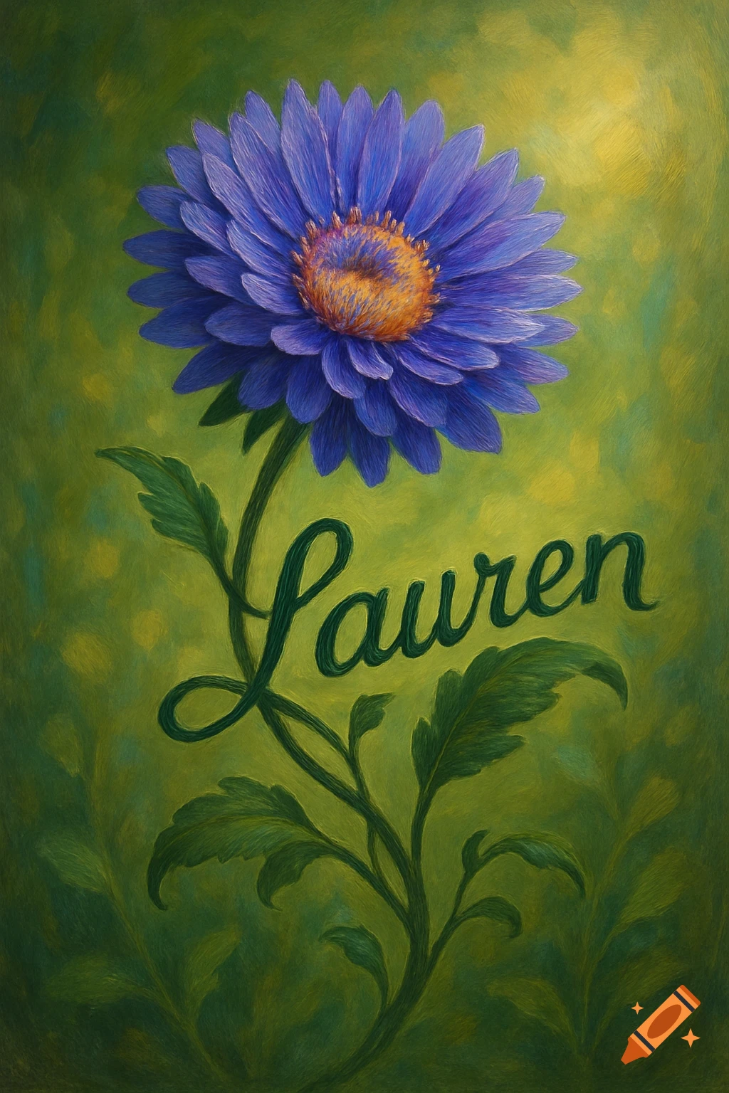 Painterly purple aster flower with 'Lauren' as its green stem on a textured green background.