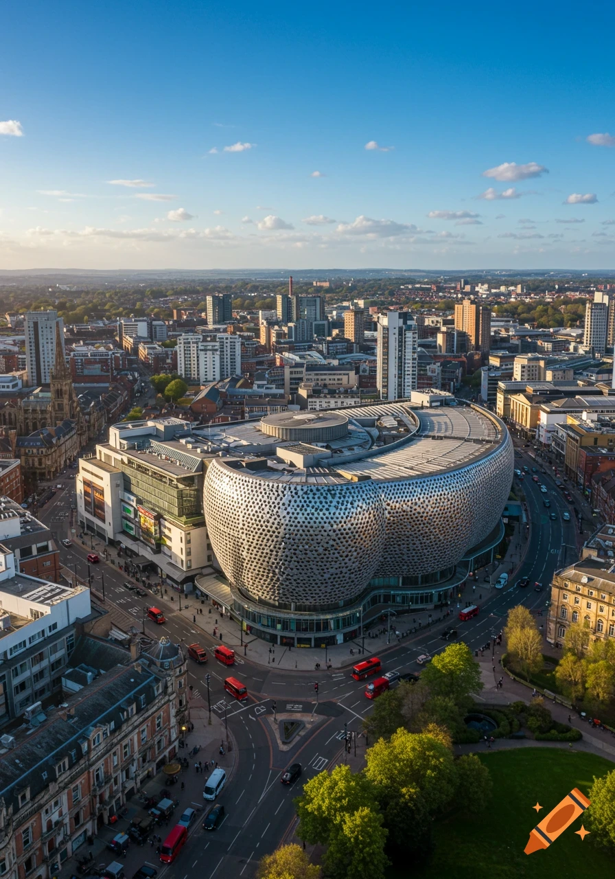 Aerial view of a bustling city featuring a modern, bubble-textured building surrounded by streets, cars, and other city architecture under a blue sky.