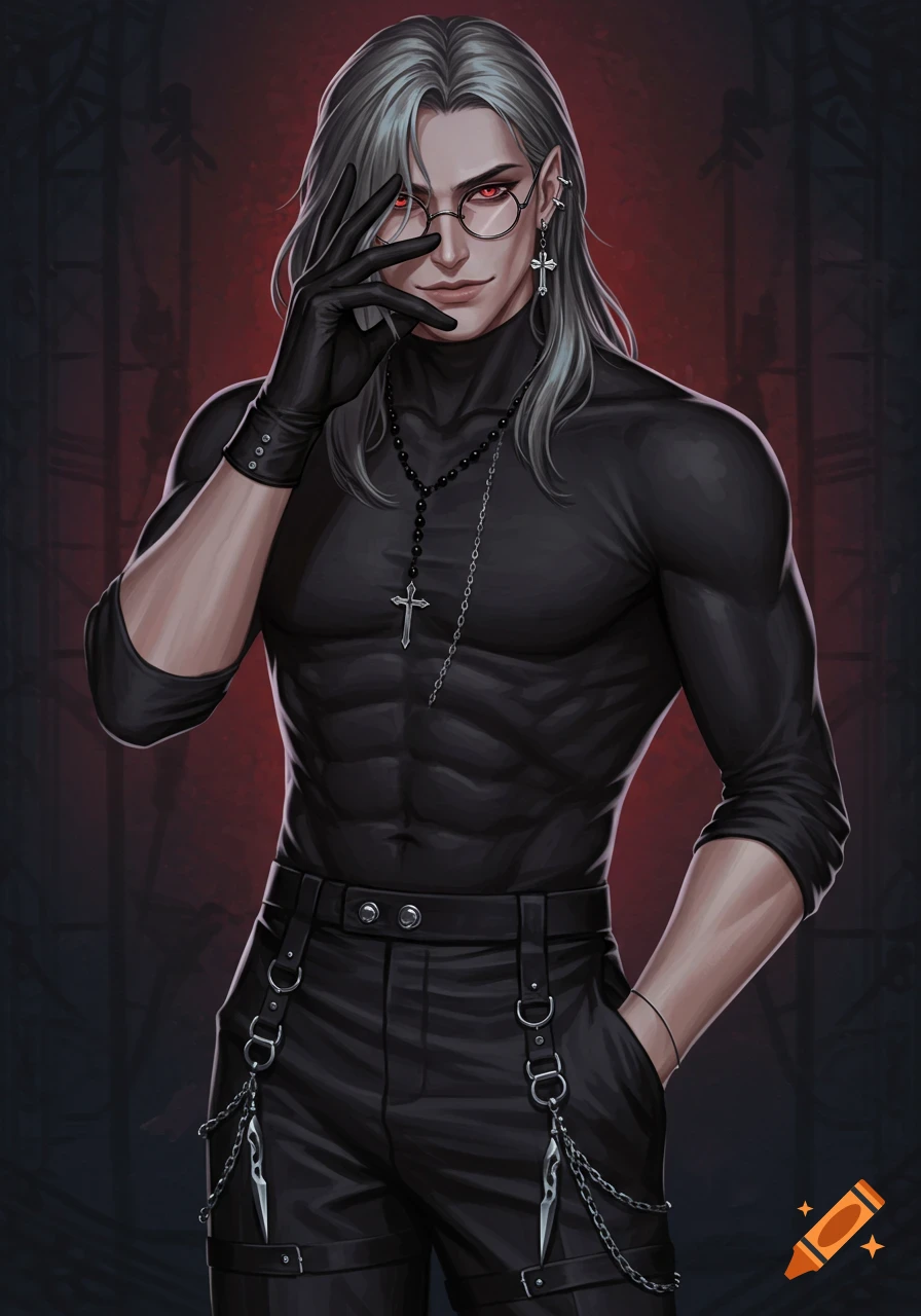 A mysterious anime man with long silver hair, red eyes, and glasses wears a black turtleneck and cross jewelry, posing with a gloved hand near his face.