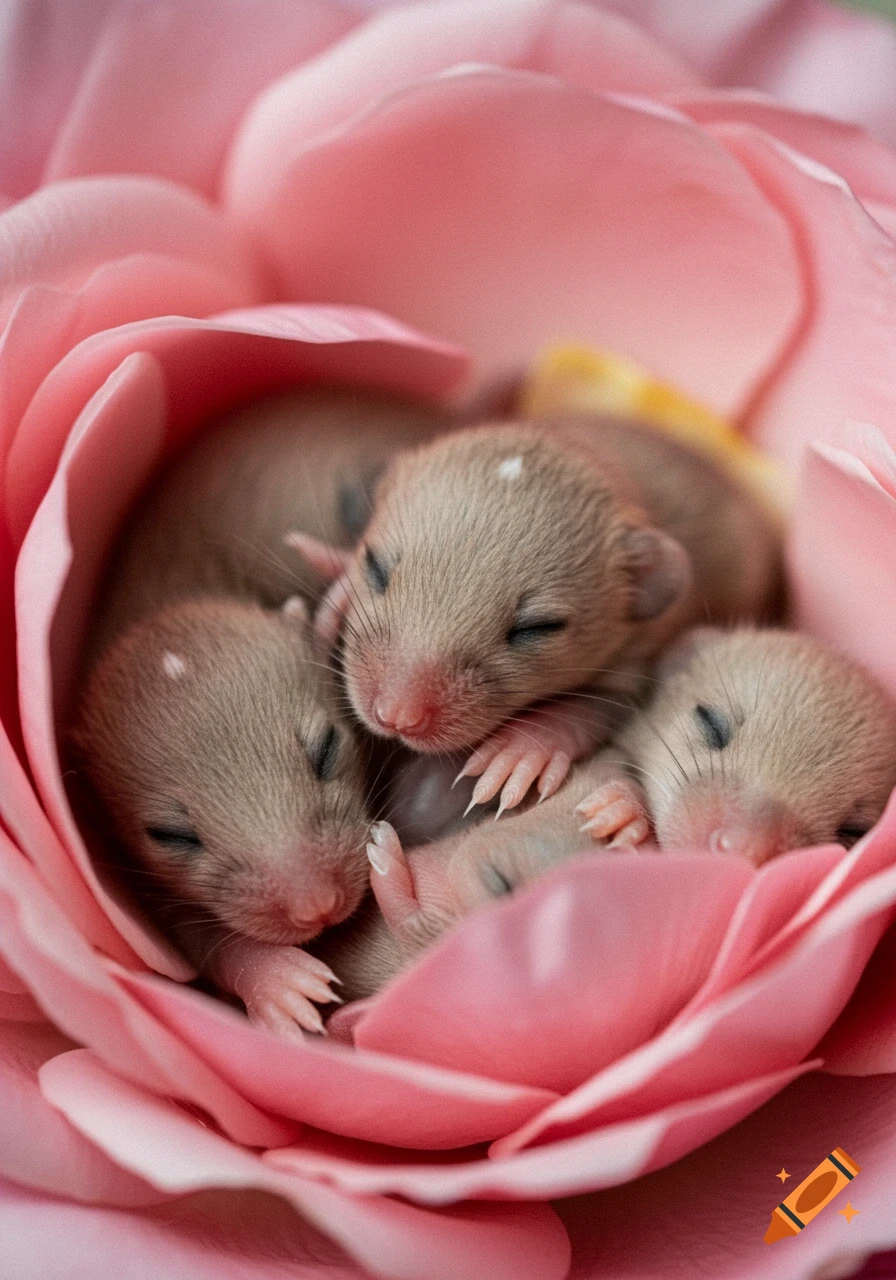A group of sleepy little newborn baby mice resting among pink rose petals, photorealistic.