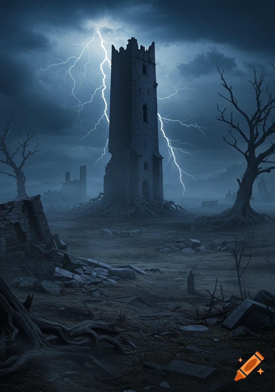 A dark, eerie landscape with a tall, crumbling stone tower struck by lightning under a stormy sky, surrounded by ruins and barren trees.