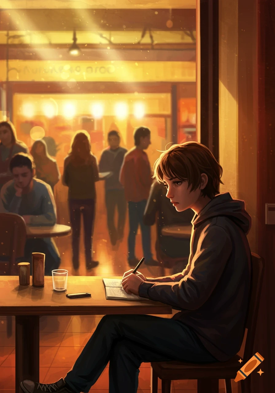 Anime-style illustration of a young person drawing at a cafe table, with blurred patrons in the warm background.