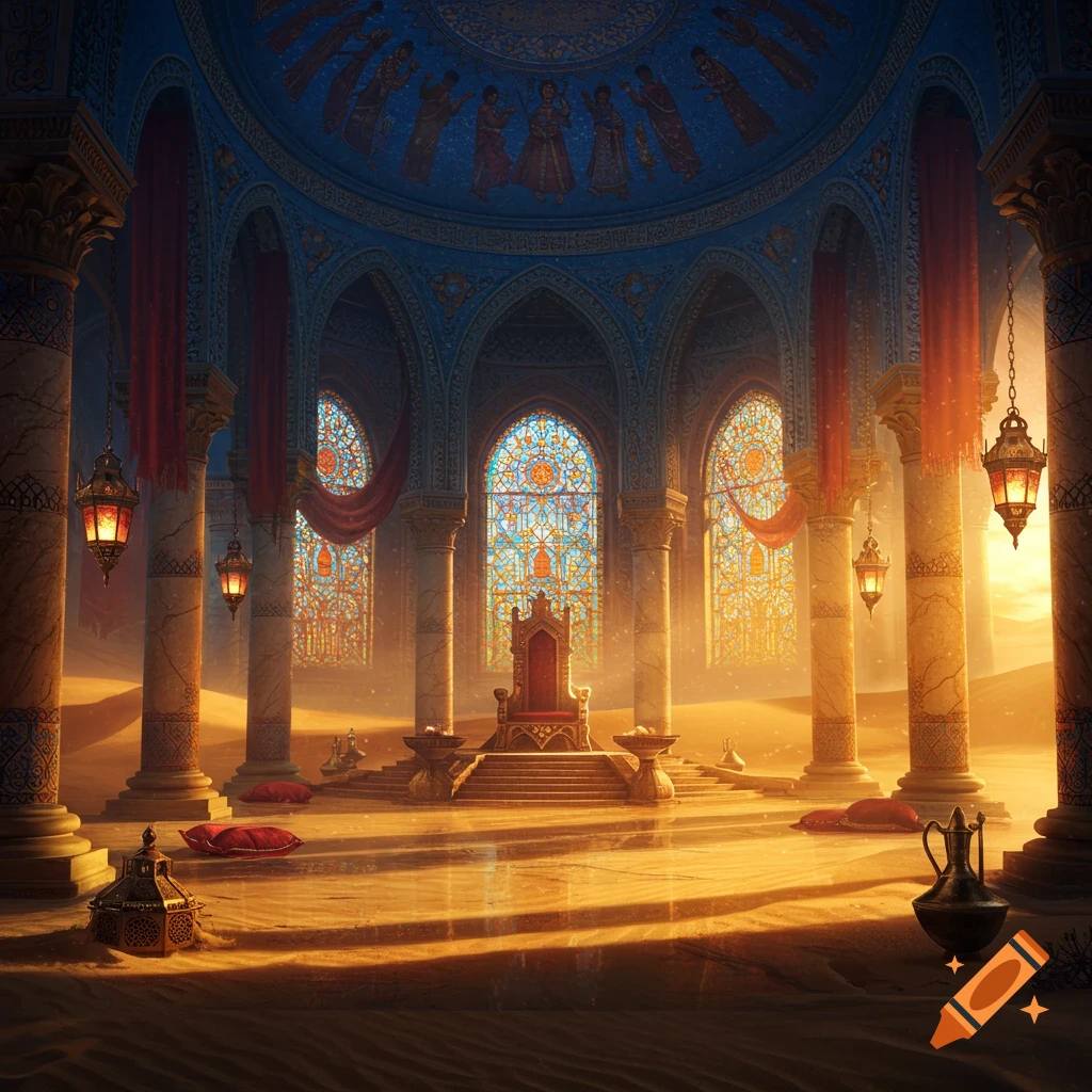 A grand, ornate throne room in a desert palace, featuring intricate stained glass windows and golden light illuminating sand-covered floors.