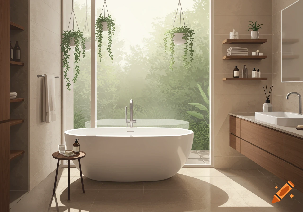 Modern bathroom with a white freestanding tub, large window looking out to greenery, and wood-tone vanity and shelves.