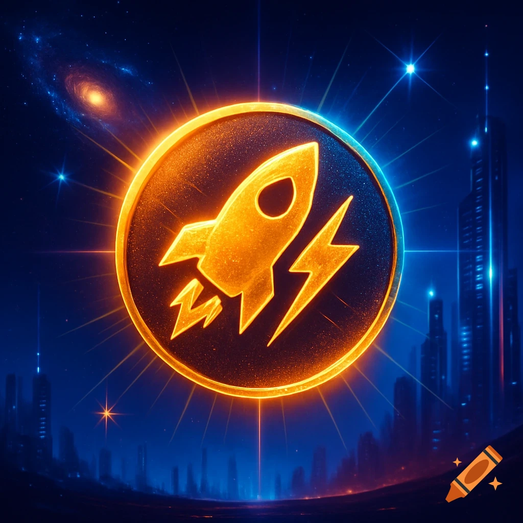 A glowing golden emblem with a rocket and lightning bolt, against a futuristic city and cosmic space.