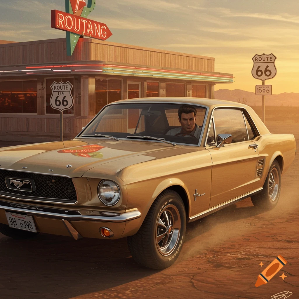 A man in a beige 1968 Ford Mustang drives past a retro diner with a sign reading "Routang" and Route 66 signs in a desert landscape at sunset, photorealistic.