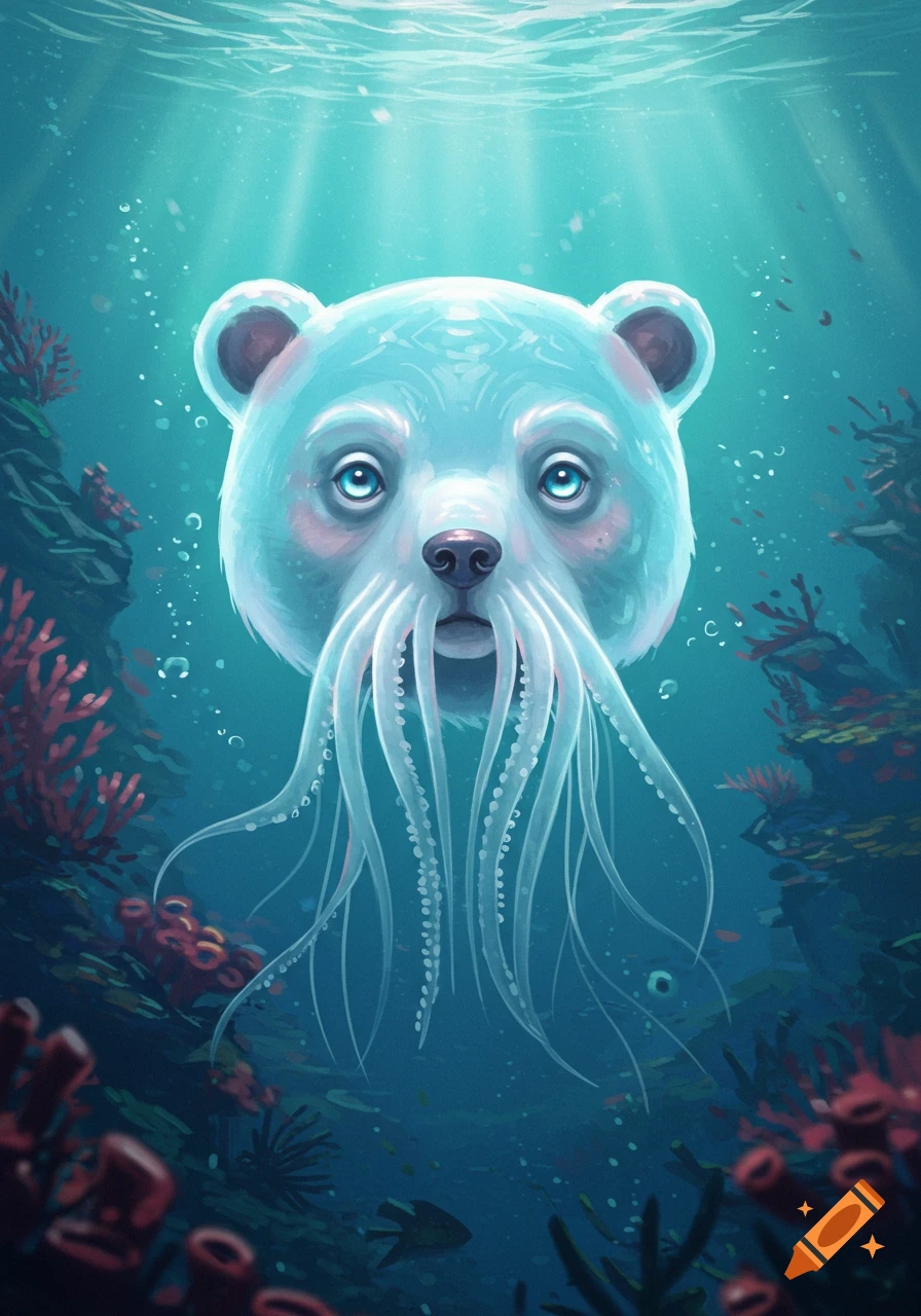A fantasy bear-headed jellyfish creature with translucent tentacles floats in a vibrant underwater scene with coral reefs.