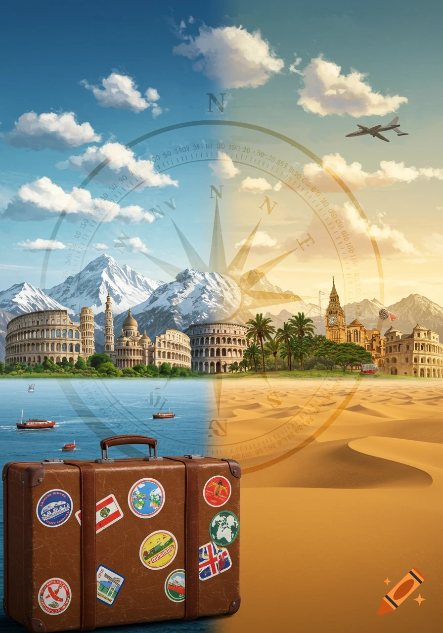 An illustrative image of a split travel landscape featuring famous landmarks, a compass, and a suitcase with travel stickers.