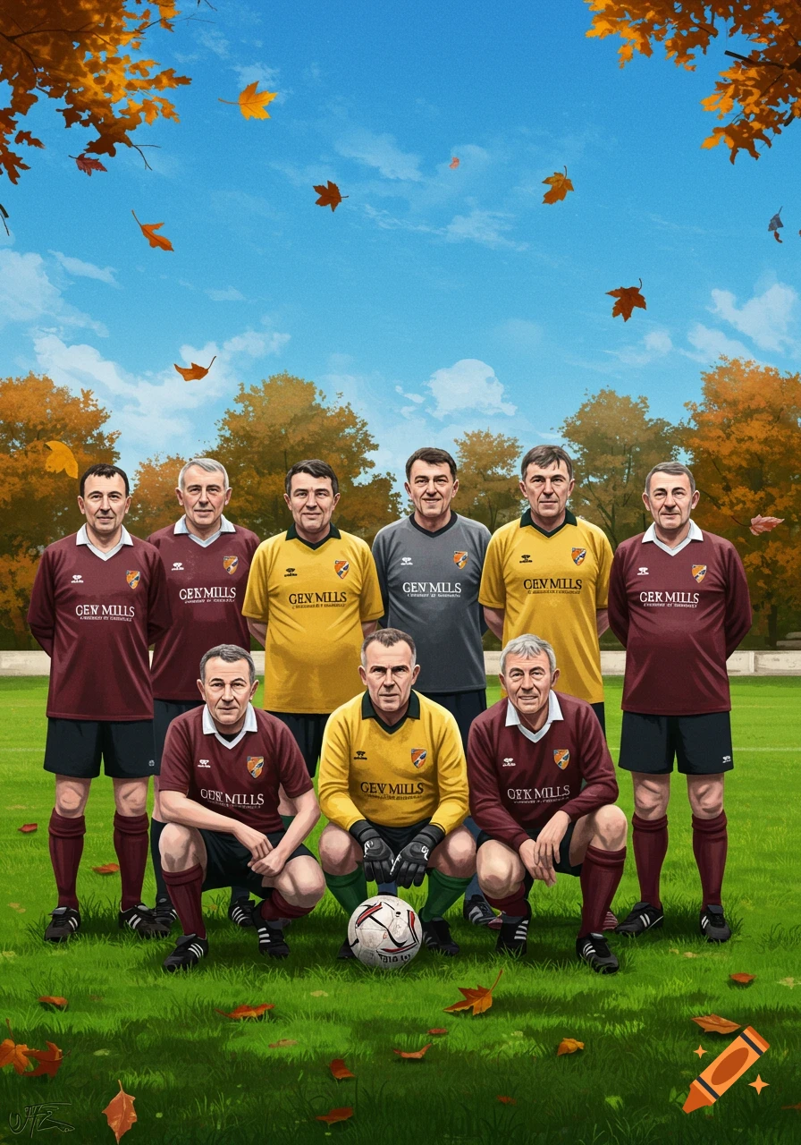 An illustration of an older men's soccer team in maroon and yellow uniforms posing on a grassy field with autumn leaves falling.