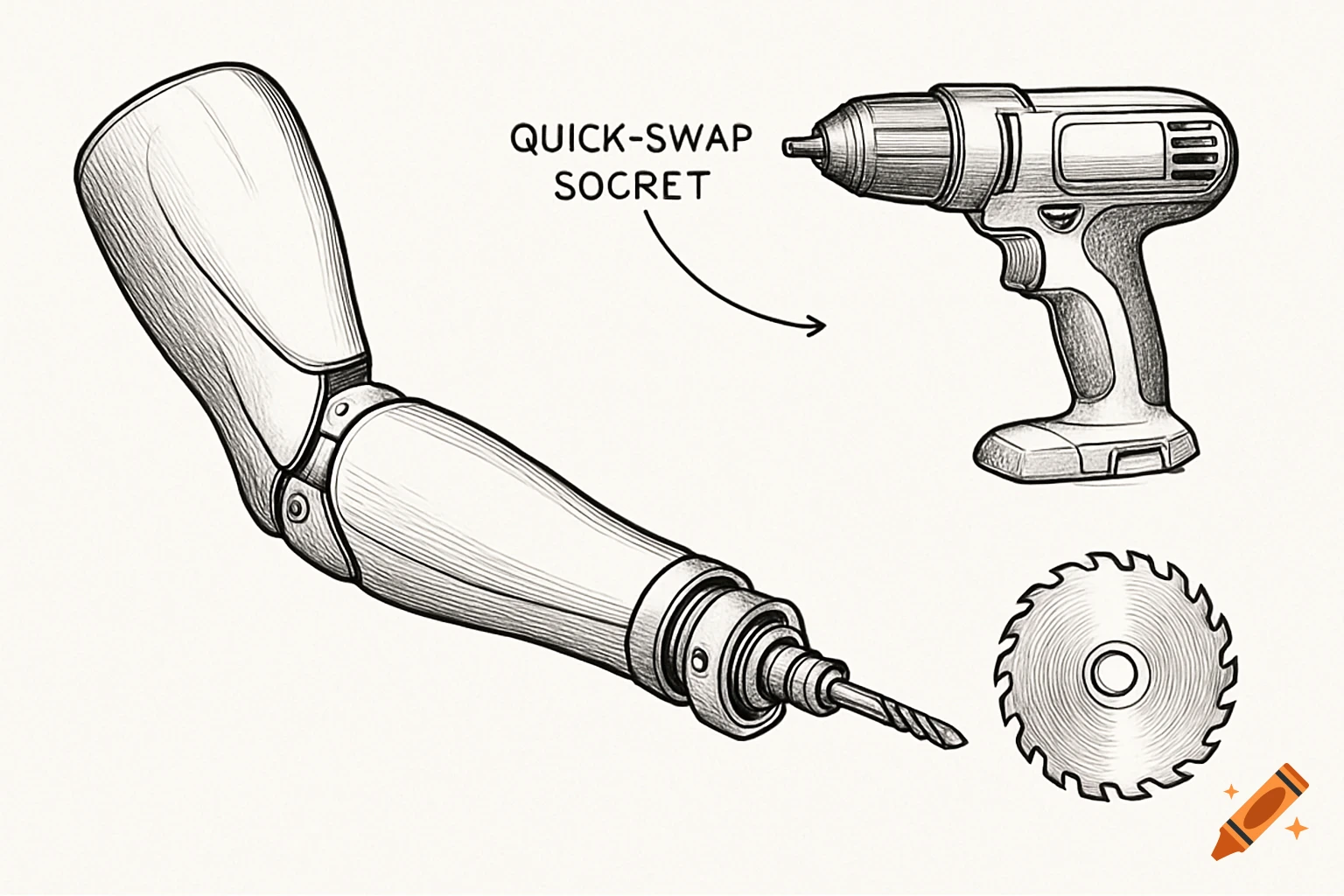 Black-and-white line drawing of a prosthetic arm with a quick-swap socket, a drill attachment, and a circular saw blade.