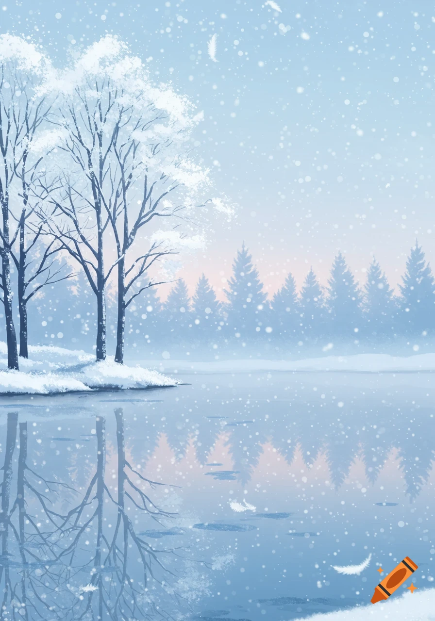 A serene, stylized winter landscape illustration with snow-covered trees, a partially frozen lake reflecting the sky, and falling snow.